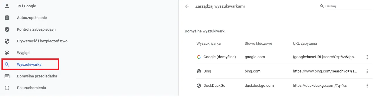 Sekcja Wyszukiwarki w Google Chrome